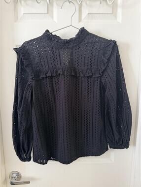 Madewell Black Eyelet Ruffle Long Sleeve Blouse XXS